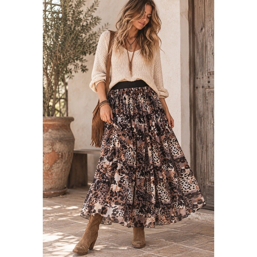 Animal Print Maxi Skirt Leopard Boho Flowy Elastic Waist Brown Black Bohemian